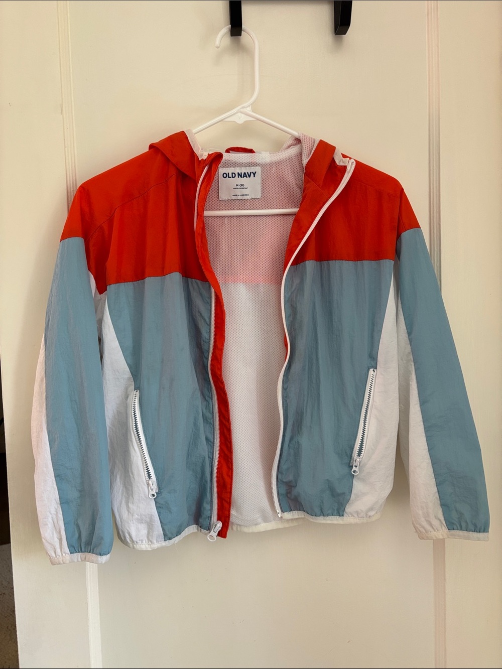 Old Navy Kids Colorblock Hooded Windbreaker - Red/Light Blue/White